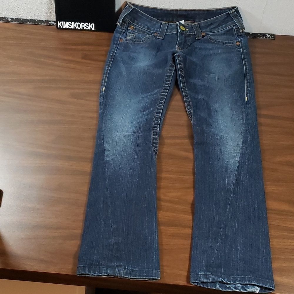 True Religion Joey Yellow Hardware Twisted Hems Straight Leg Jeans USA Made 28